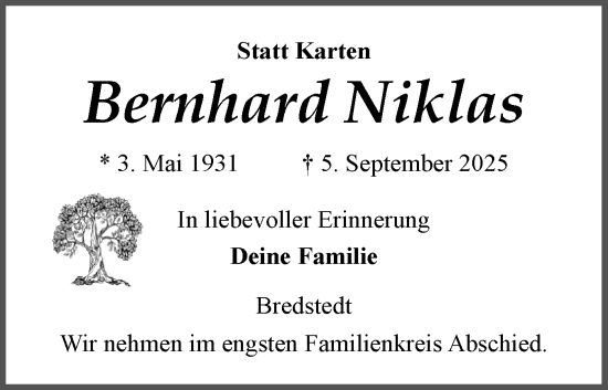 Traueranzeige von Bernhard Niklas von Husumer Nachrichten, Nordfriesland Tageblatt