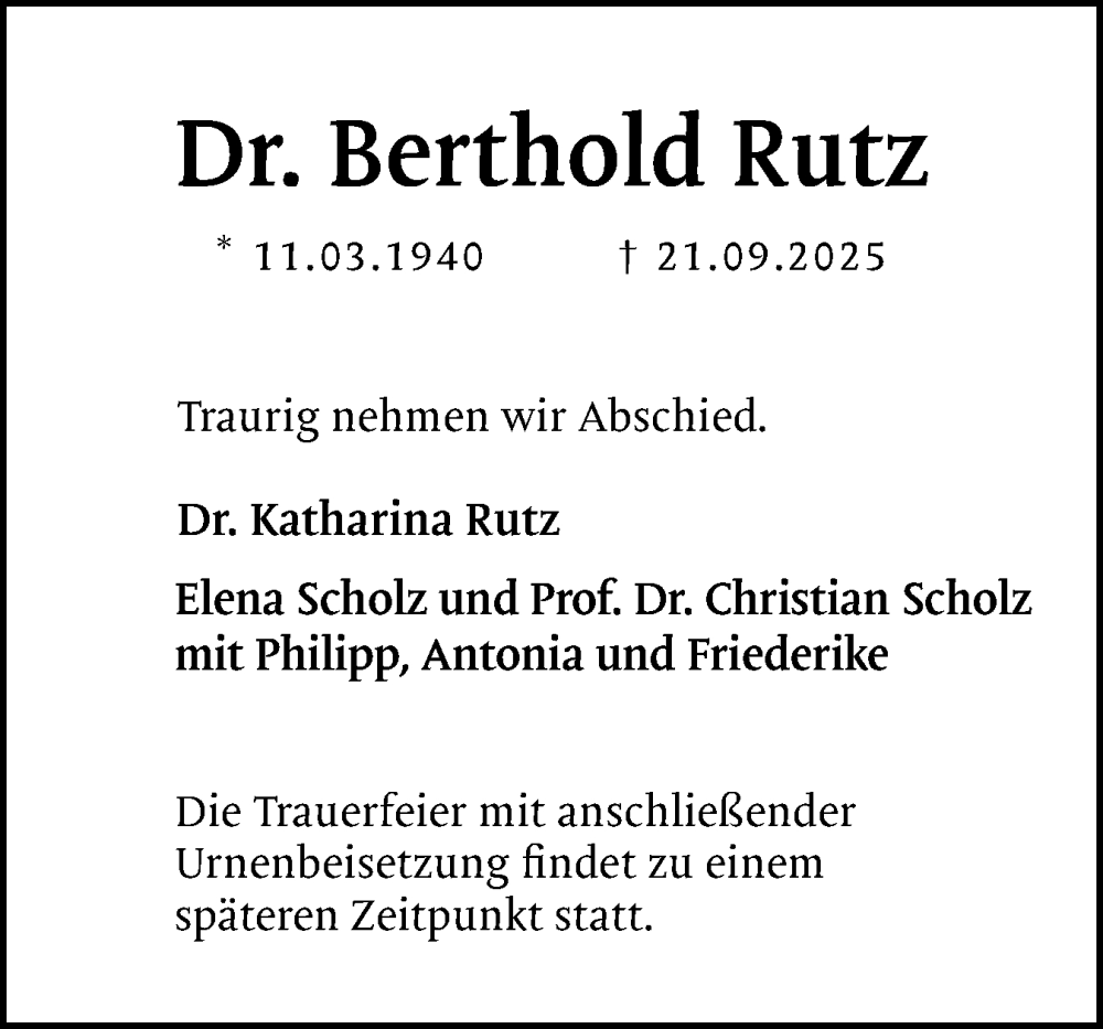  Traueranzeige für Berthold Rutz vom 27.09.2025 aus Der Insel-Bote