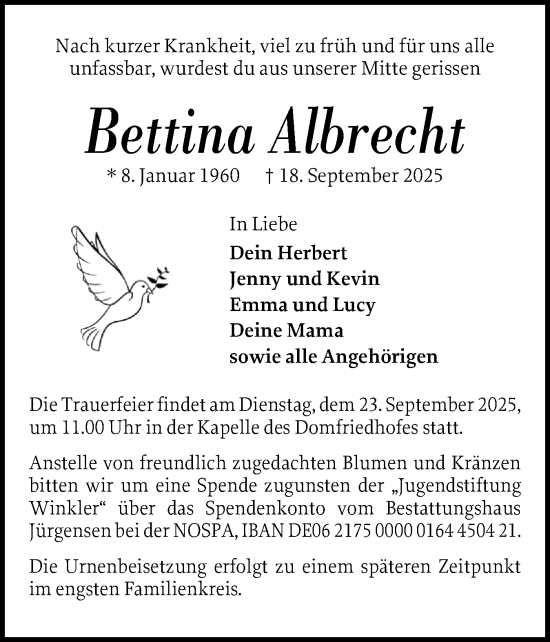 Traueranzeige von Bettina Albrecht von Schleswiger Nachrichten, Schlei-Bote