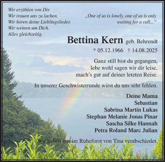 Traueranzeige von Bettina Kern von MARKT Ratzeburg/Mölln