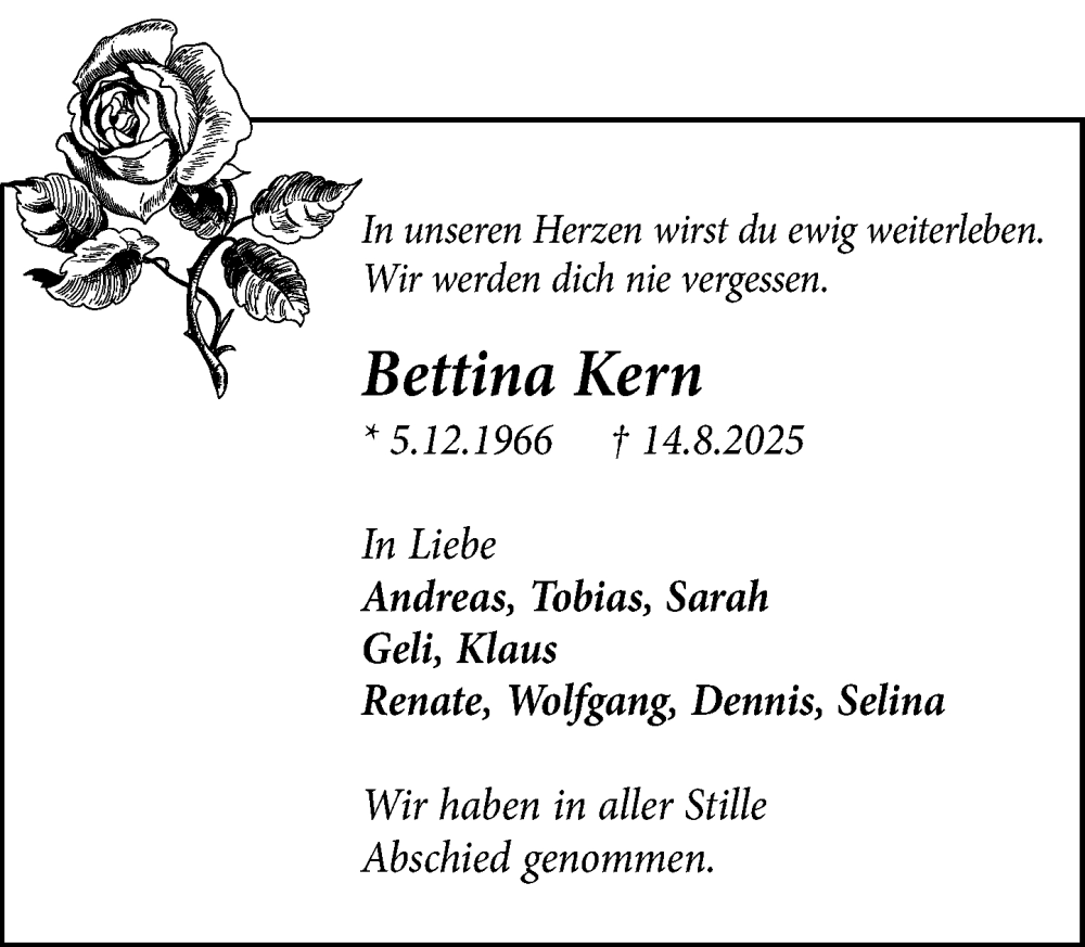  Traueranzeige für Bettina Kern vom 06.09.2025 aus MARKT Ratzeburg/Mölln