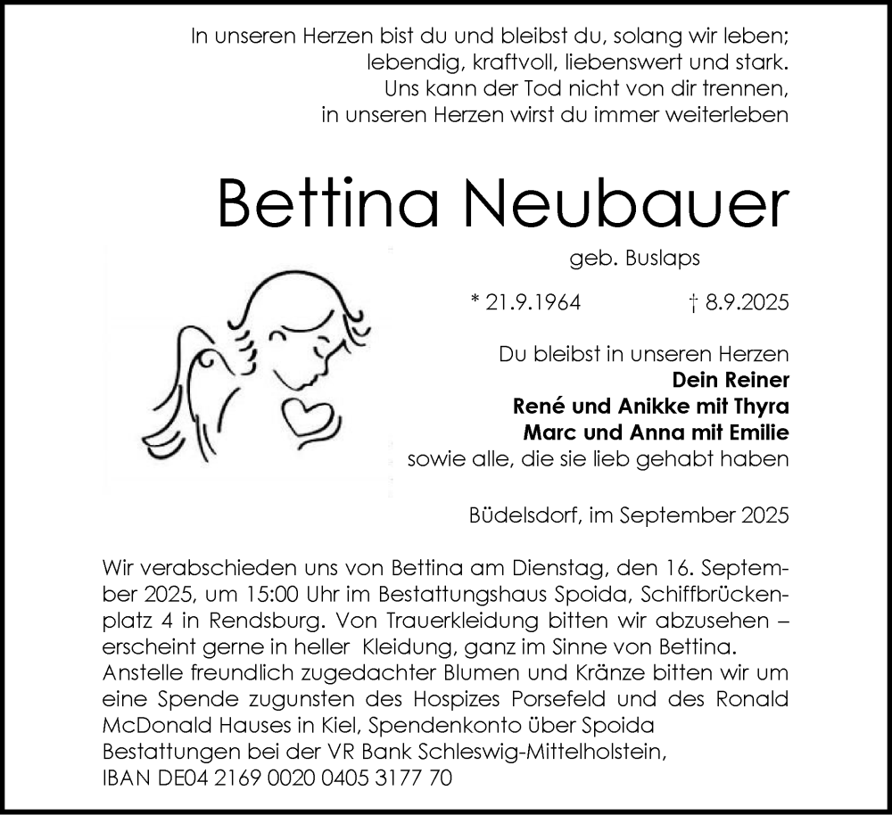  Traueranzeige für Bettina Neubauer vom 13.09.2025 aus Schleswig-Holsteinische Landeszeitung