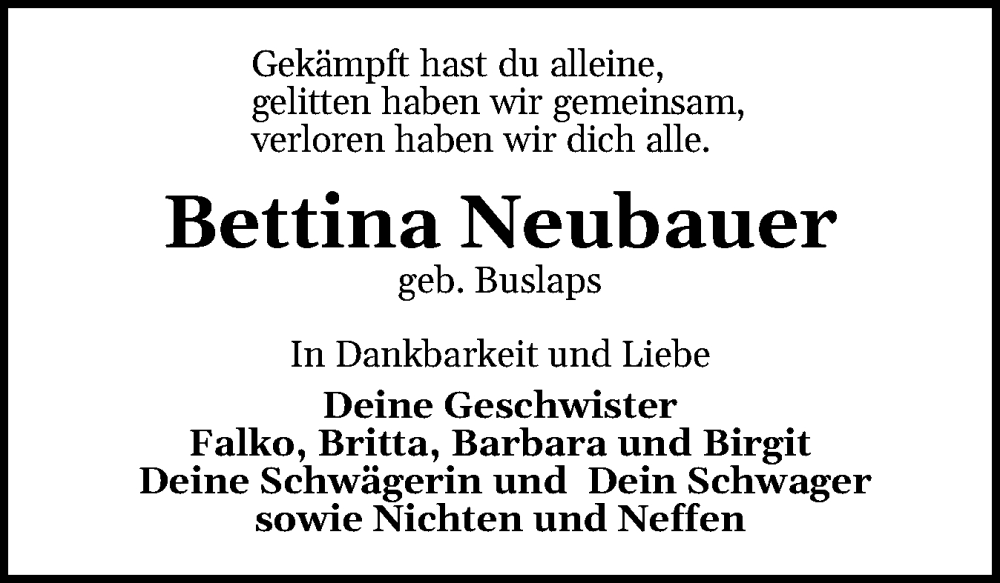  Traueranzeige für Bettina Neubauer vom 16.09.2025 aus Schleswig-Holsteinische Landeszeitung