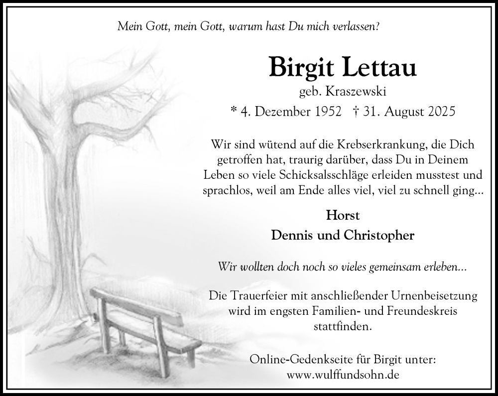  Traueranzeige für Birgit Lettau vom 13.09.2025 aus Umschau