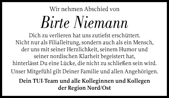 Traueranzeige von Birte Niemann von Husumer Nachrichten, Nordfriesland Tageblatt