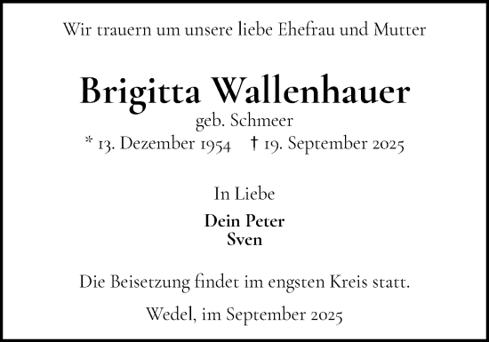 Traueranzeige von Brigitta Wallenhauer von Wedel-Schulauer Tageblatt, tip Wedel-Schulauer Tageblatt, tip Rissener Rundschau