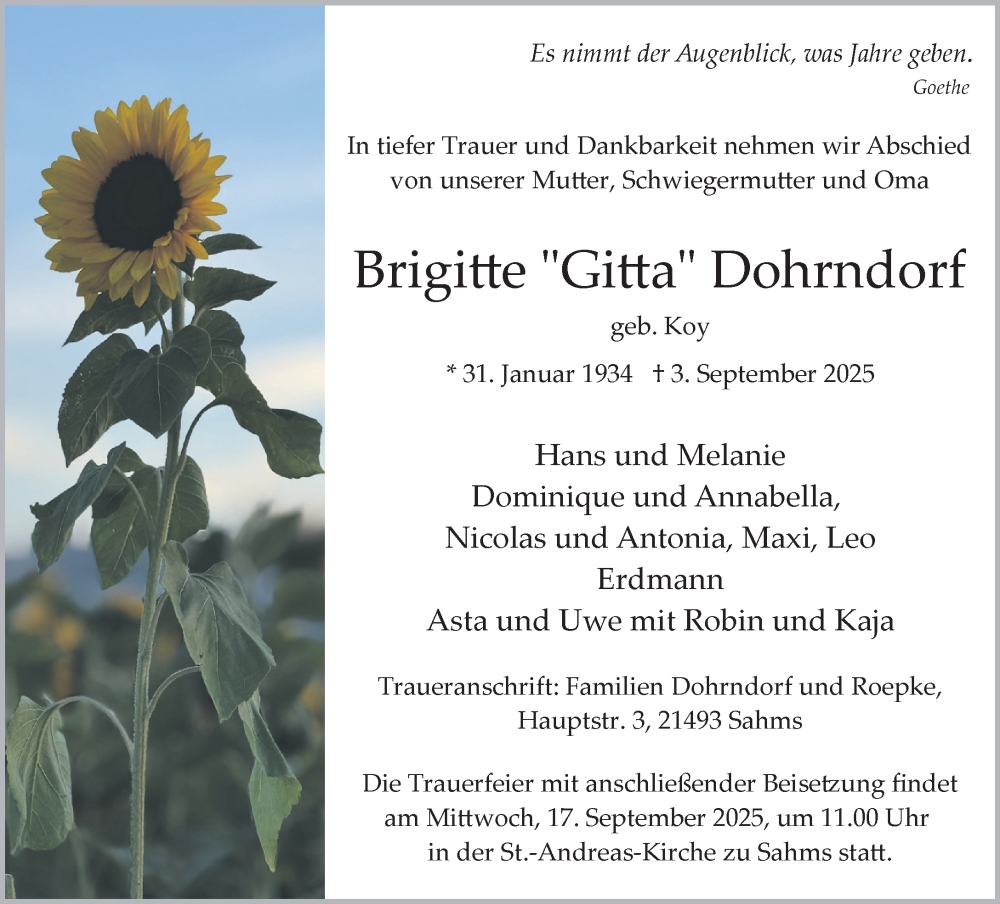  Traueranzeige für Brigitte Dohrndorf vom 13.09.2025 aus Wochenend Anzeiger