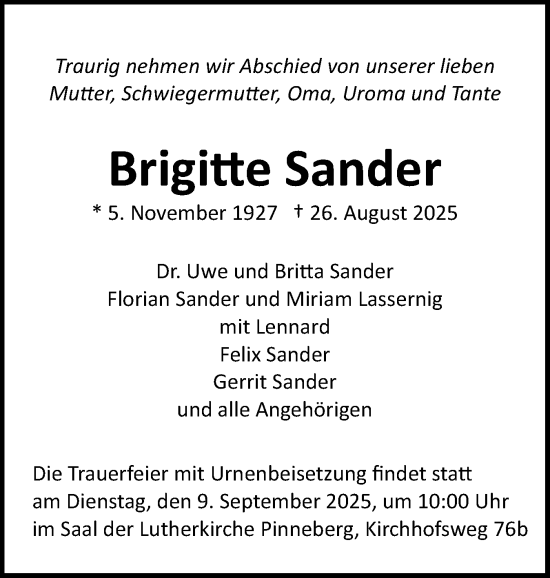 Traueranzeige von Brigitte Sander von Region Pinneberg und tip Pinneberg