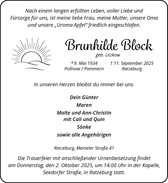 Traueranzeige von Brunhilde Block von MARKT Ratzeburg/Mölln