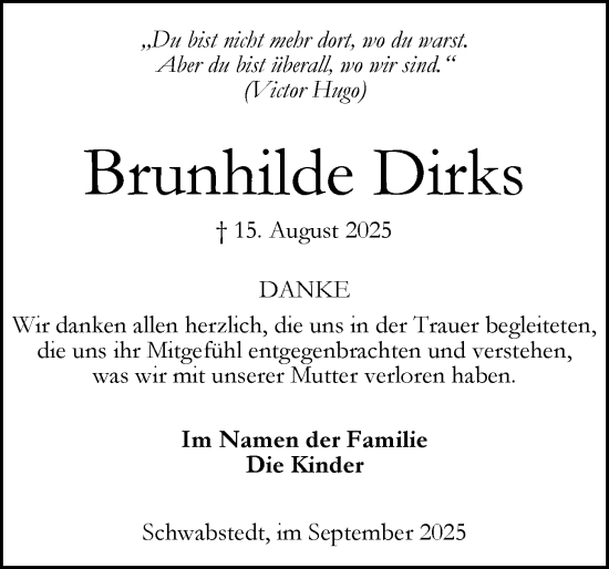 Traueranzeige von Brunhilde Dirks von Husumer Nachrichten, Nordfriesland Tageblatt