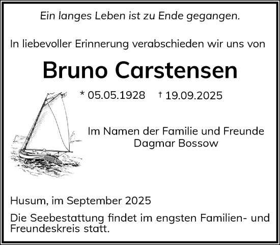 Traueranzeige von Bruno Carstensen von Husumer Nachrichten, Nordfriesland Tageblatt