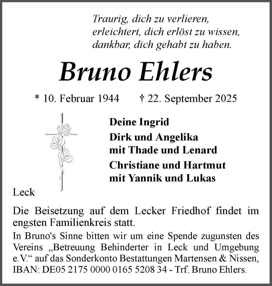  Traueranzeige für Bruno Ehlers vom 27.09.2025 aus Region Westküste