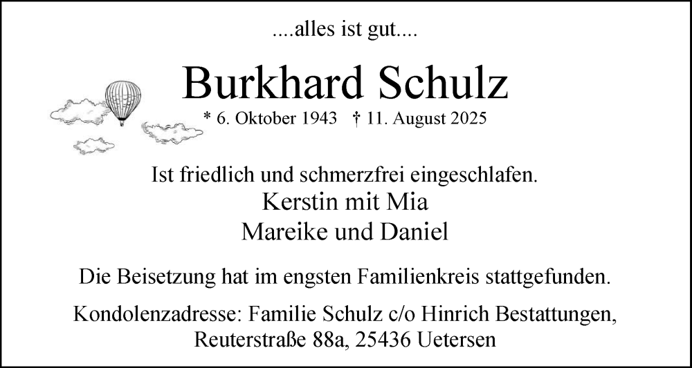  Traueranzeige für Burkhard Schulz vom 06.09.2025 aus Uetersener Nachrichten, Der tip am Wochenende