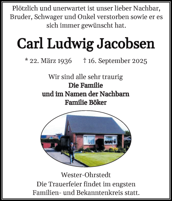 Traueranzeige von Carl Ludwig Jacobsen von Husumer Nachrichten, Nordfriesland Tageblatt