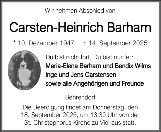Traueranzeige von Carsten-Heinrich Barharn von Husumer Nachrichten, Nordfriesland Tageblatt