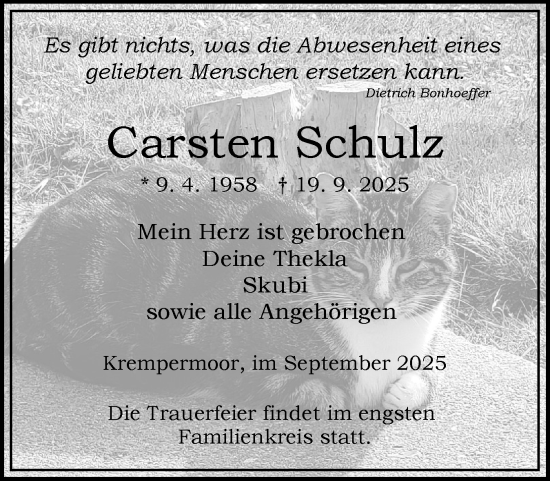 Traueranzeige von Carsten Schulz von Norddeutsche Rundschau, Wilstersche Zeitung, Glückstädter Fortuna