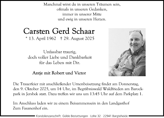 Traueranzeige von Carsten Gerd Schaar von MARKT Ahrensburg/Bargteheide/Trittau und Stormarner Tageblatt