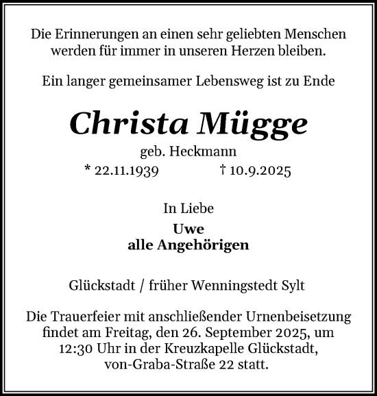 Traueranzeige von Christa Mügge von Sylter Rundschau