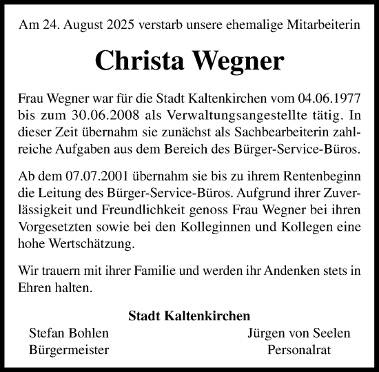 Traueranzeige von Christa Wegner von Umschau