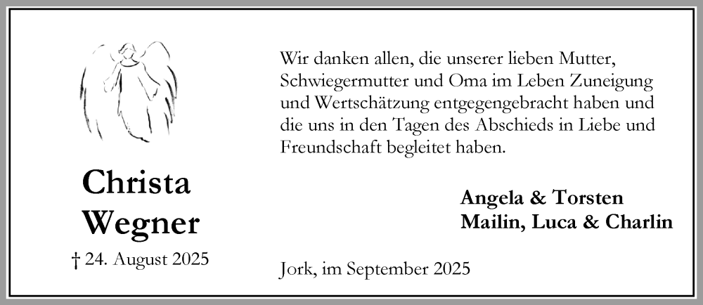  Traueranzeige für Christa Wegner vom 13.09.2025 aus Umschau
