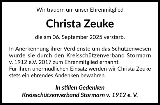 Traueranzeige von Christa Zeuke von MARKT Bad Oldesloe/Reinfeld und Stormarner Tageblatt