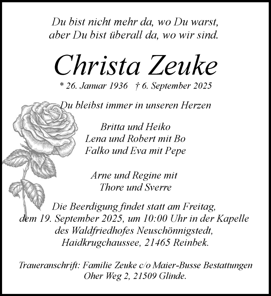  Traueranzeige für Christa Zeuke vom 13.09.2025 aus MARKT Glinde/Reinbek