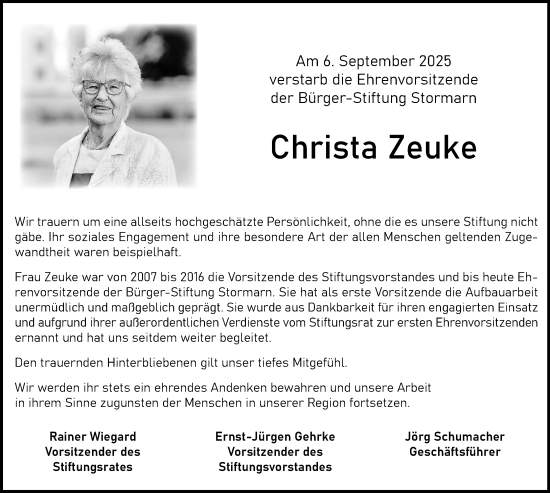 Traueranzeige von Christa Zeuke von MARKT Glinde/Reinbek