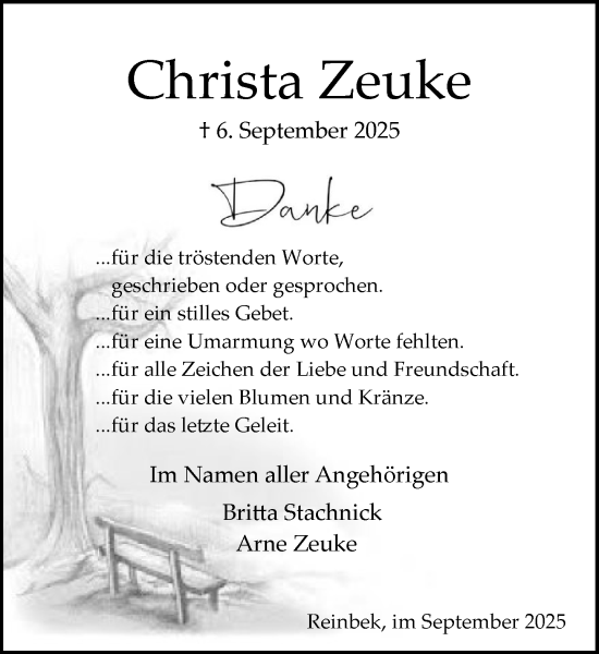 Traueranzeige von Christa Zeuke von MARKT Glinde/Reinbek