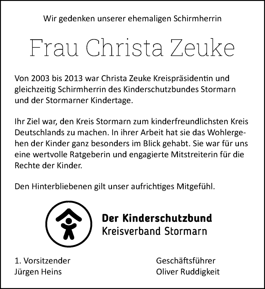  Traueranzeige für Christa Zeuke vom 20.09.2025 aus MARKT Bad Oldesloe/Reinfeld, MARKT Ahrensburg/Bargteheide/Trittau und Stormarner Tageblatt