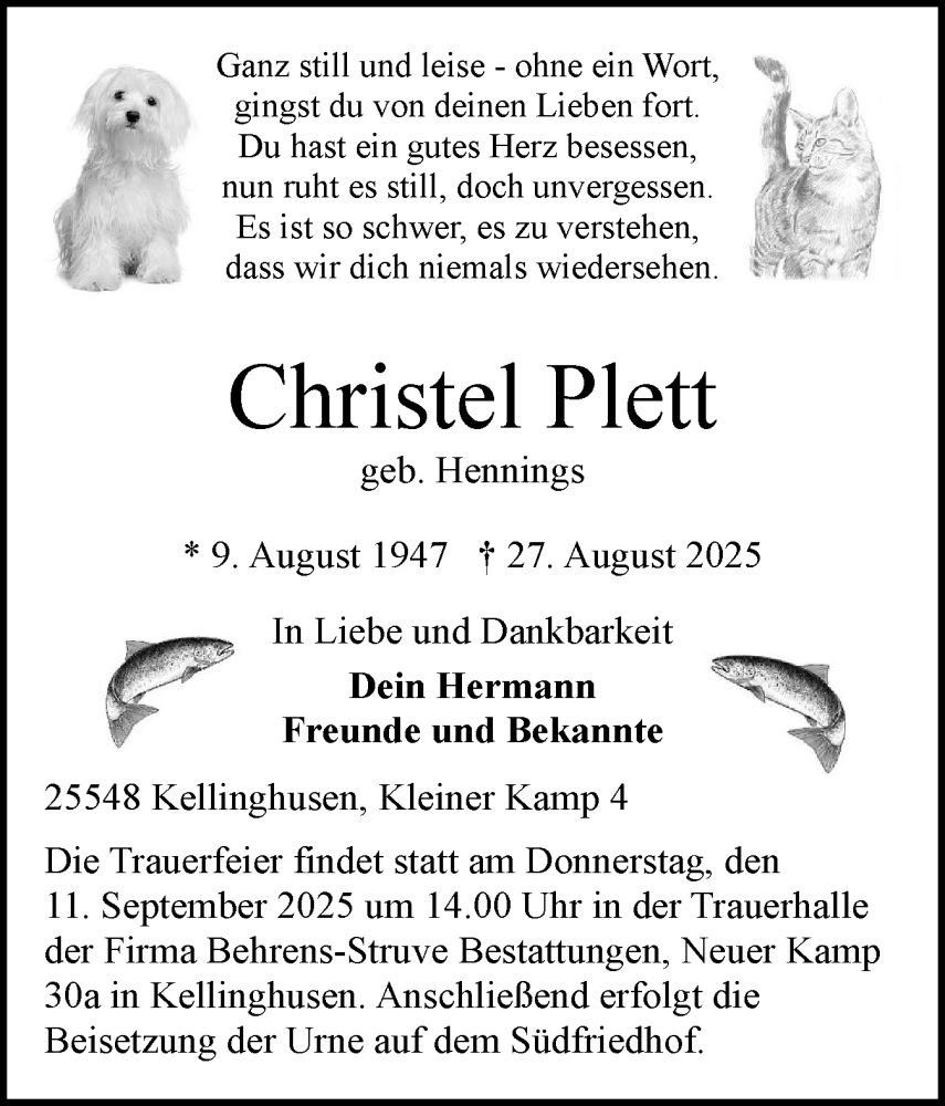 Traueranzeige für Christel Plett vom 06.09.2025 aus Norddeutsche Rundschau, Wilstersche Zeitung, Glückstädter Fortuna