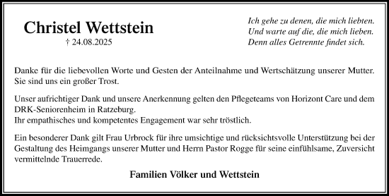 Traueranzeige von Christel Wettstein von MARKT Ratzeburg/Mölln