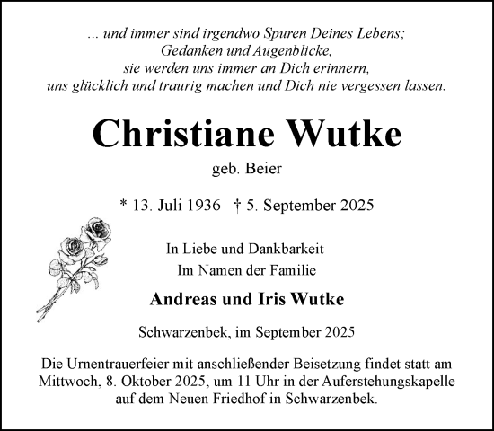 Traueranzeige von Christiane Wutke von Wochenend Anzeiger