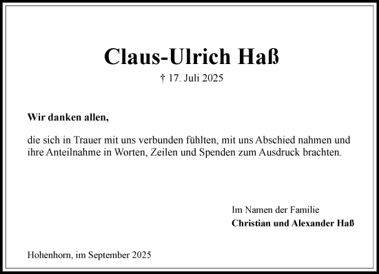Traueranzeige von Claus-Ulrich Haß von Wochenend Anzeiger