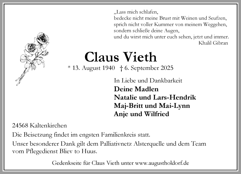  Traueranzeige für Claus Vieth vom 13.09.2025 aus Umschau