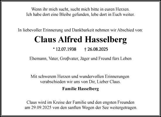 Traueranzeige von Claus Alfred Hasselberg von MARKT Ahrensburg/Bargteheide/Trittau und Stormarner Tageblatt