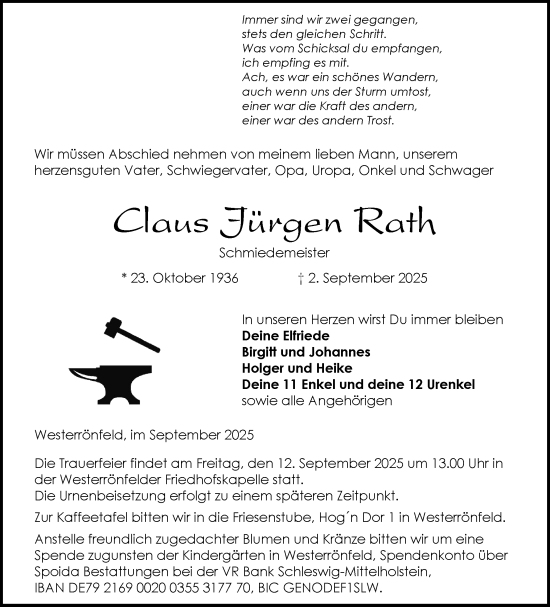 Traueranzeige von Claus Jürgen Rath von Schleswig-Holsteinische Landeszeitung