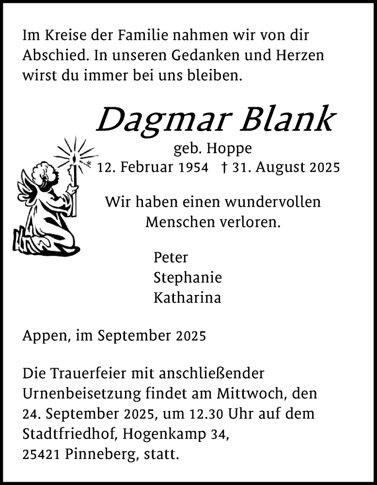  Traueranzeige für Dagmar Blank vom 13.09.2025 aus Region Pinneberg und tip Pinneberg
