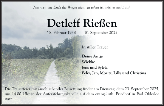 Traueranzeige von Detleff Rießen von MARKT Bad Oldesloe/Reinfeld und Stormarner Tageblatt