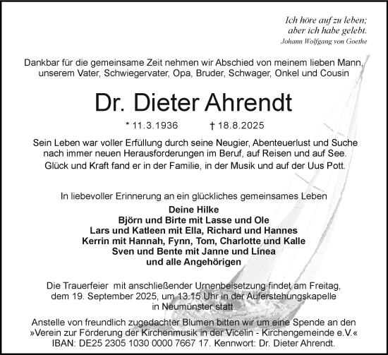 Traueranzeige von Dieter Ahrendt von Holsteinischer Courier