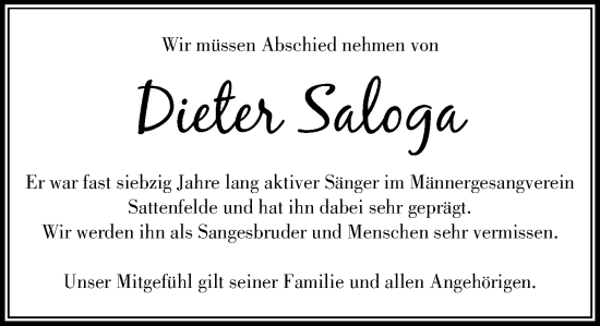 Traueranzeige von Dieter Saloga von MARKT Ahrensburg/Bargteheide/Trittau und Stormarner Tageblatt