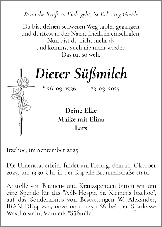 Traueranzeige von Dieter Süßmilch von Norddeutsche Rundschau, Wilstersche Zeitung, Glückstädter Fortuna