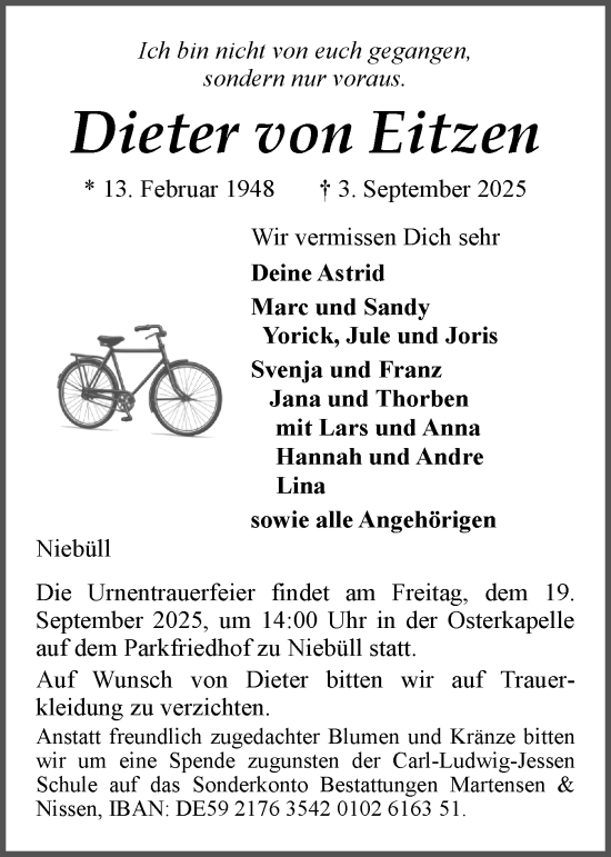 Traueranzeige von Dieter von Eitzen von Region Westküste