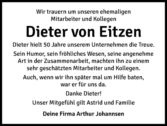 Traueranzeige von Dieter von Eitzen von Husumer Nachrichten, Nordfriesland Tageblatt