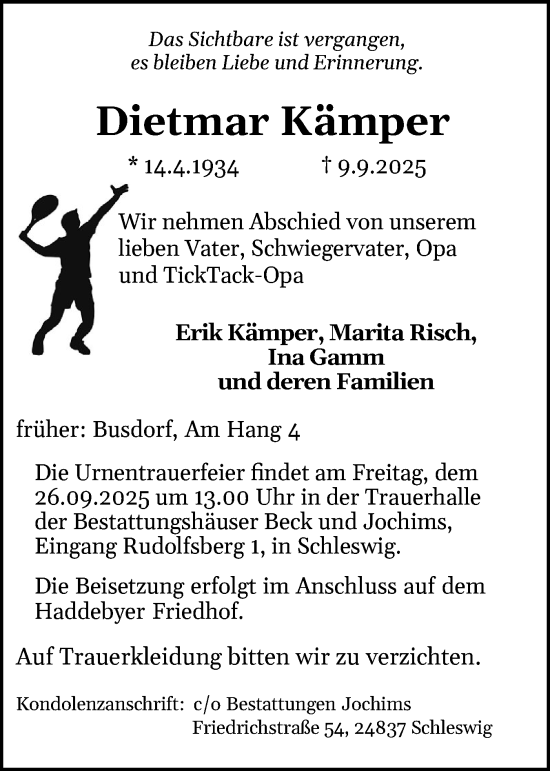 Traueranzeige von Dietmar Kämper von Schleswiger Nachrichten, Schlei-Bote
