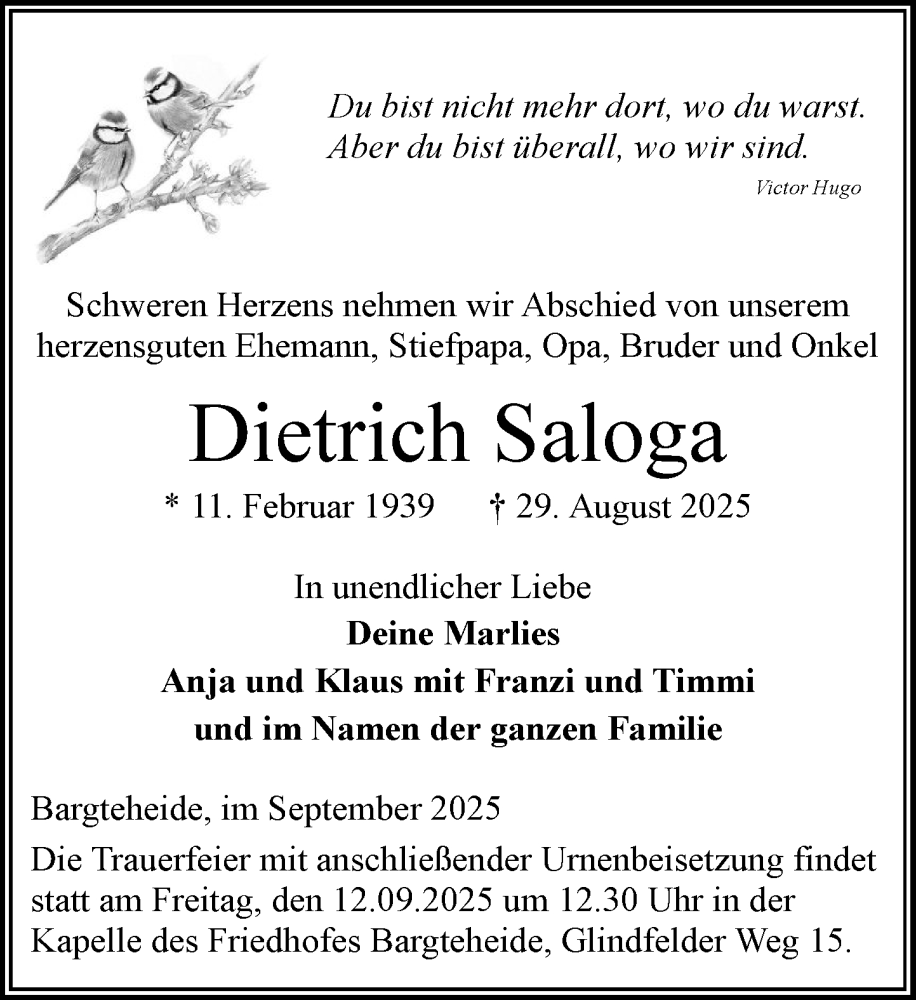  Traueranzeige für Dietrich Saloga vom 06.09.2025 aus MARKT Ahrensburg/Bargteheide/Trittau und Stormarner Tageblatt