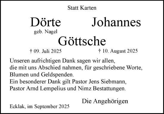 Traueranzeige von Dörte Göttsche von Norddeutsche Rundschau, Wilstersche Zeitung, Glückstädter Fortuna