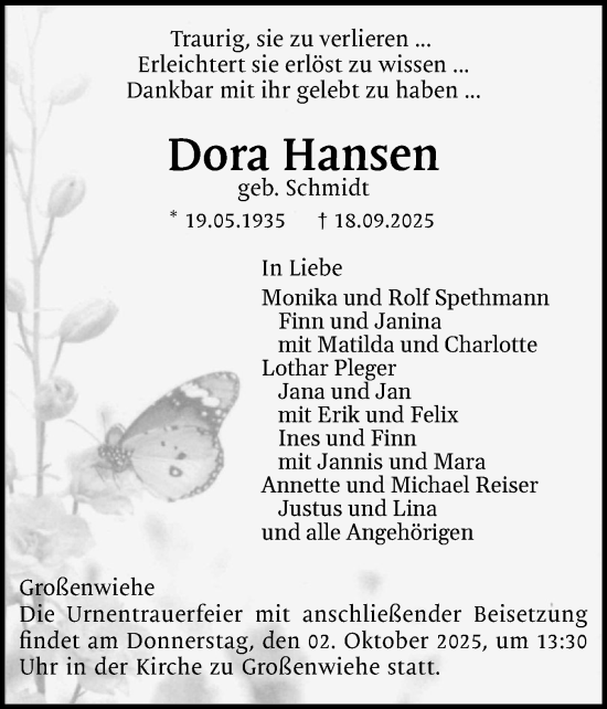Traueranzeige von Dora Hansen von Flensburger Tageblatt