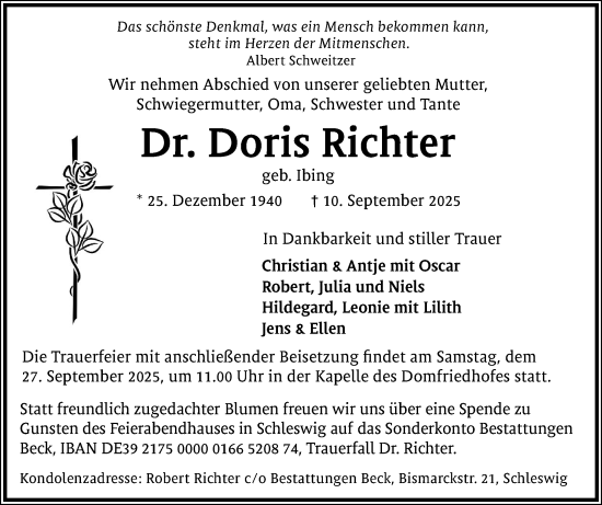 Traueranzeige von Doris Richter von Schleswiger Nachrichten, Schlei-Bote