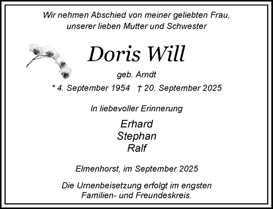Traueranzeige von Doris Will von Wochenend Anzeiger