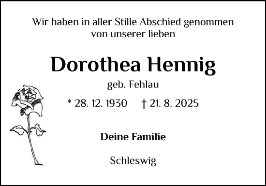 Traueranzeige von Dorothea Hennig von Schleswiger Nachrichten, Schlei-Bote